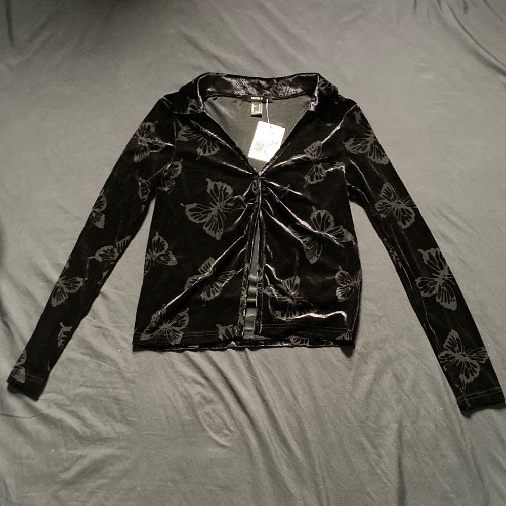 NWT Forever 21 Y2K Black Velvet Top Sheer Butterfly Print Stretchy Size S
